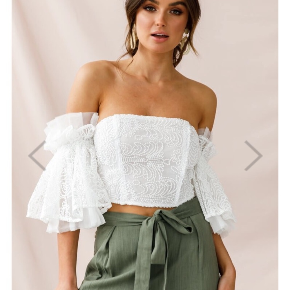 White lace crop bell sleeve top